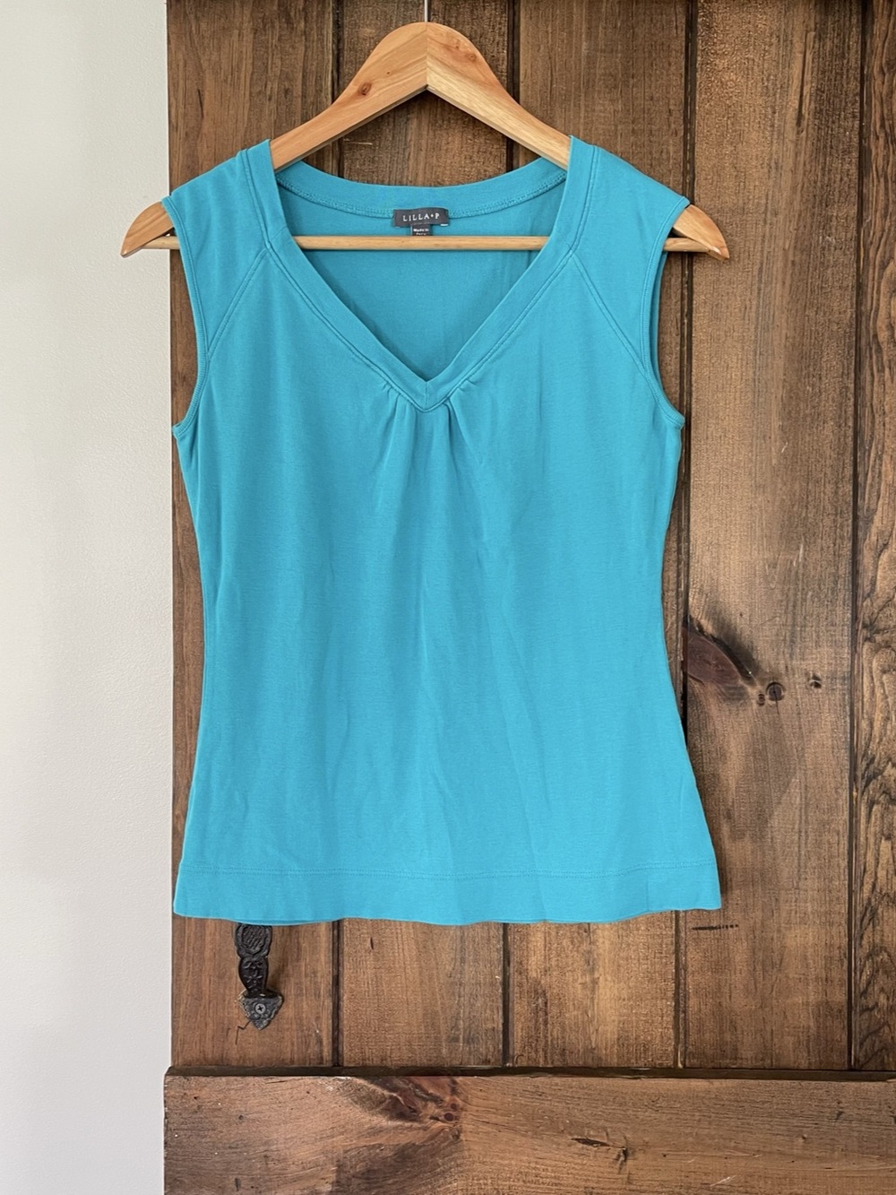 Lilla P Wide Strap V Neck Micro Rib Knit Gathered Sleeveless Tank Small